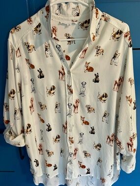 Jane and Delancey White Button-Up Tunic with Multicolor Dog Print